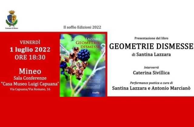 La menenina Santina Lazzara, poetessa e scrittrice, presenta oggi "Geometrie dismesse". E' la sua raccolta di poesie, con gli scatti di Mohammed, Mahmud Hassan Joy